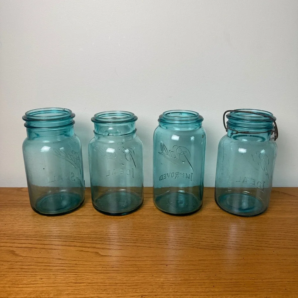 Set of 4 Antique Vintage 1900-1923 Aqua‎ Blue Ball Mason Jars Quart